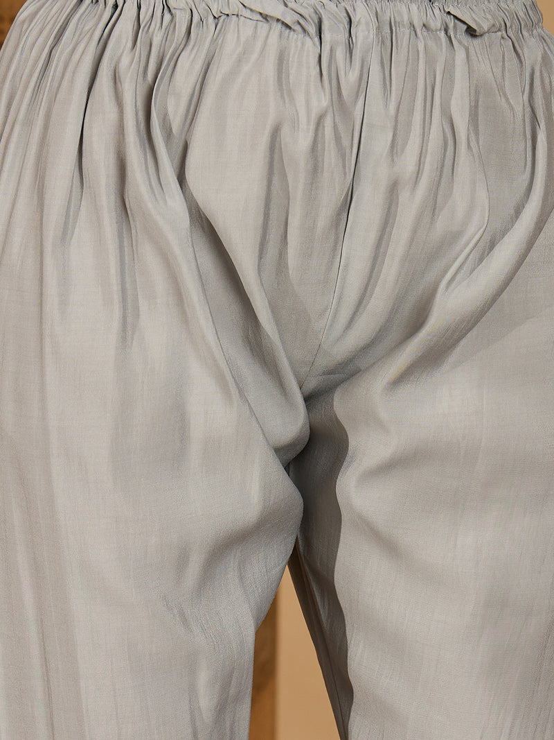 Stylum Women's Grey Solid & Embroidered Silk Straight Kurta Pant Dupatta Set (KPDGREYMUNCH)