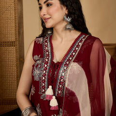 Stylum Women's Maroon Floral Printed Rayon Flared Kurta Pant Dupatta Set (KPDMAROONMOSKO)