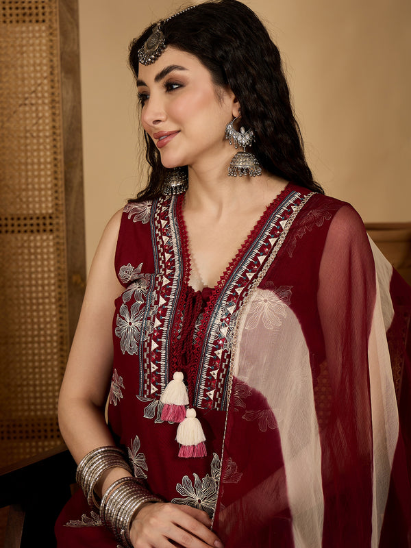 Stylum Women's Maroon Floral Printed Rayon Flared Kurta Pant Dupatta Set (KPDMAROONMOSKO)
