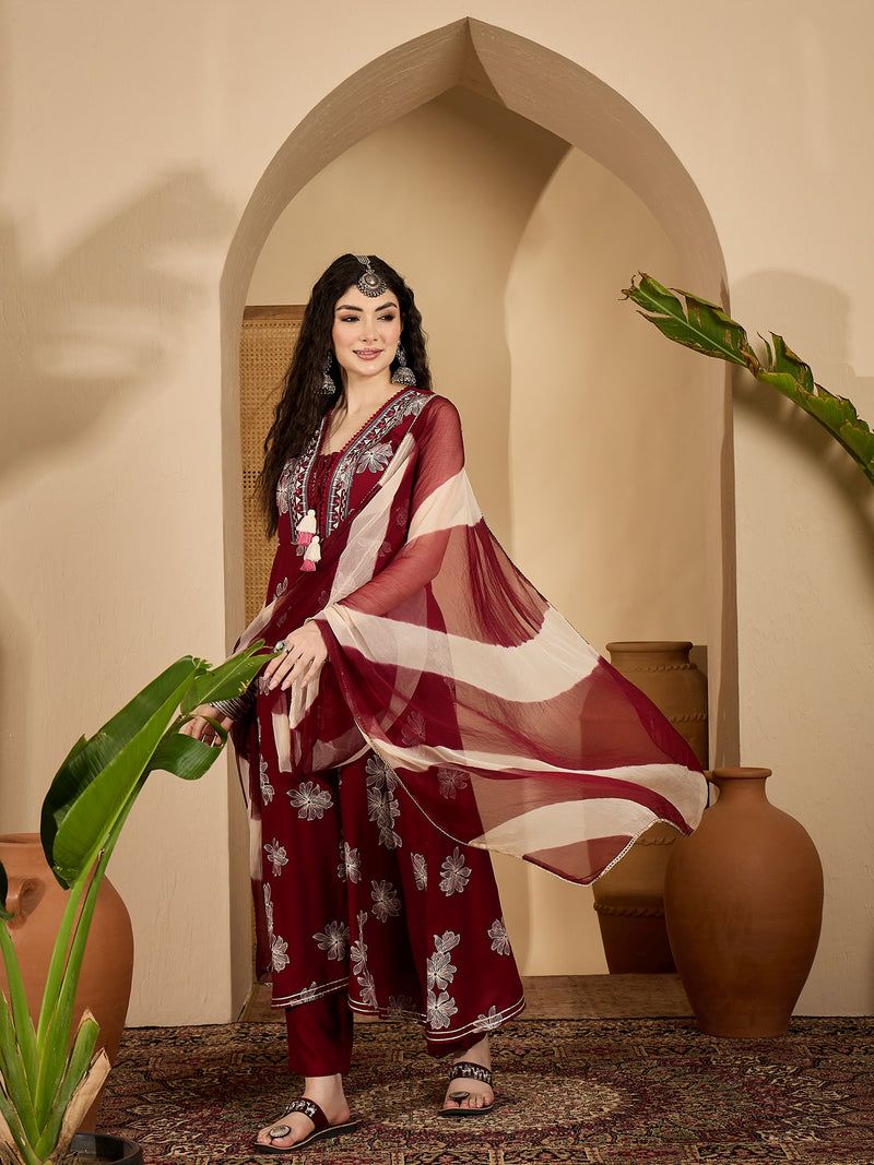 Stylum Women's Maroon Floral Printed Rayon Flared Kurta Pant Dupatta Set (KPDMAROONMOSKO)
