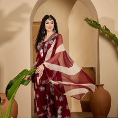 Stylum Women's Maroon Floral Printed Rayon Flared Kurta Pant Dupatta Set (KPDMAROONMOSKO)
