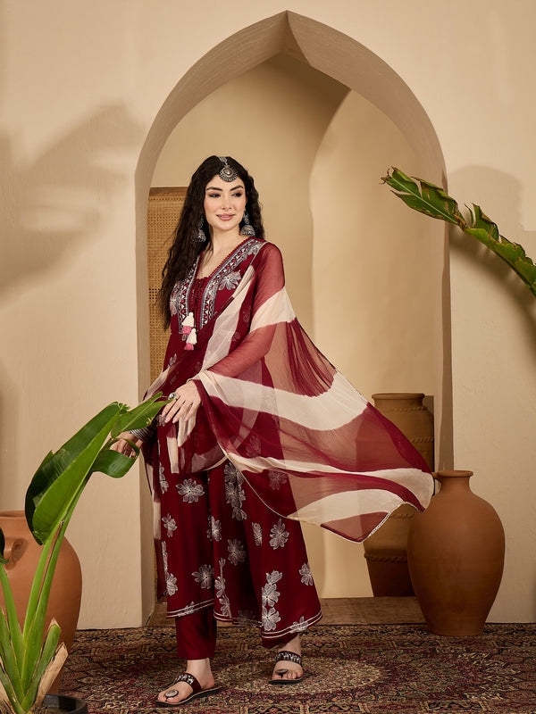 Stylum Women's Maroon Floral Printed Rayon Flared Kurta Pant Dupatta Set (KPDMAROONMOSKO)