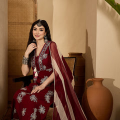 Stylum Women's Maroon Floral Printed Rayon Flared Kurta Pant Dupatta Set (KPDMAROONMOSKO)