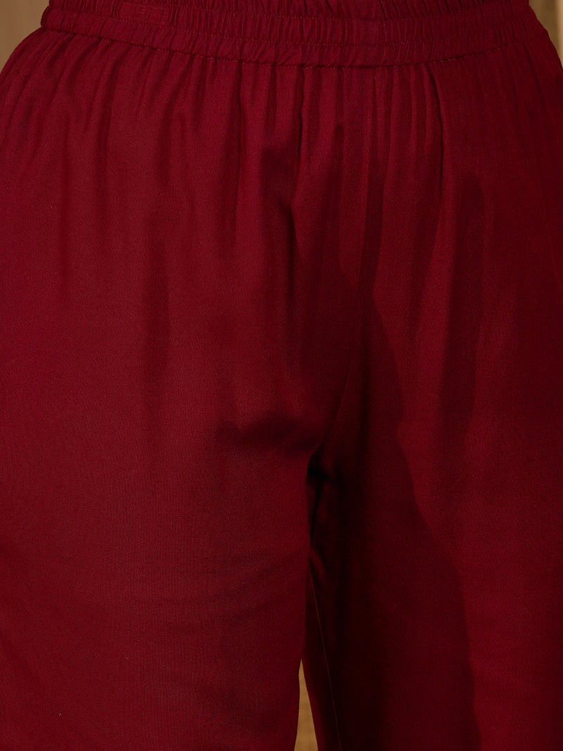 Stylum Women's Maroon Floral Printed Rayon Flared Kurta Pant Dupatta Set (KPDMAROONMOSKO)