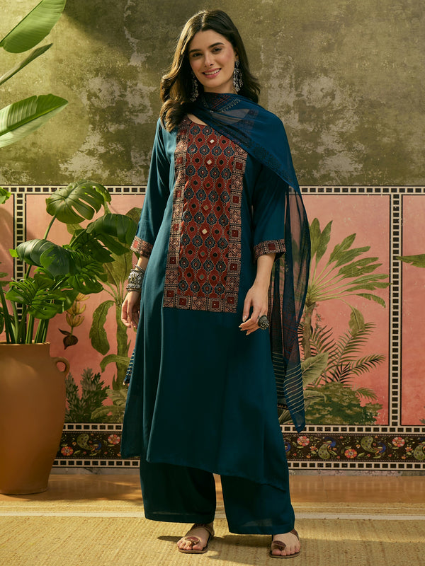 Stylum Women's Navy Solid Rayon A-Line Kurta Palazzo Dupatta Set (KPDNAVYKORAM)