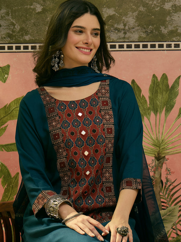 Stylum Women's Navy Solid Rayon A-Line Kurta Palazzo Dupatta Set (KPDNAVYKORAM)