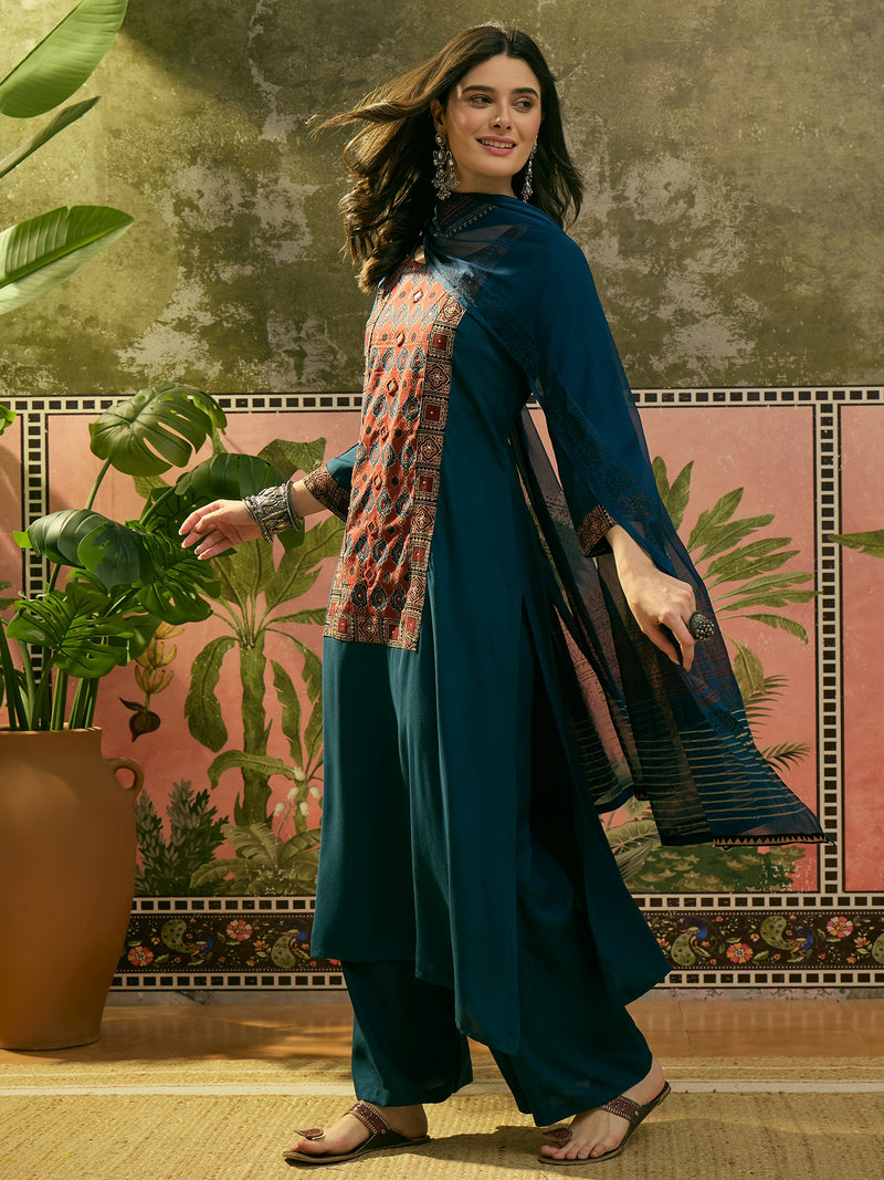 Stylum Women's Navy Solid Rayon A-Line Kurta Palazzo Dupatta Set (KPDNAVYKORAM)