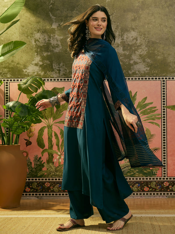 Stylum Women's Navy Solid Rayon A-Line Kurta Palazzo Dupatta Set (KPDNAVYKORAM)