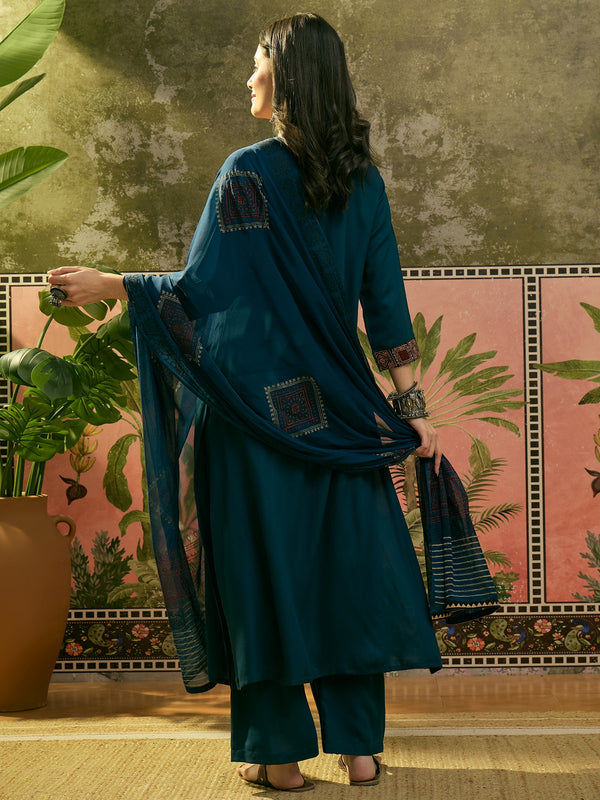 Stylum Women's Navy Solid Rayon A-Line Kurta Palazzo Dupatta Set (KPDNAVYKORAM)