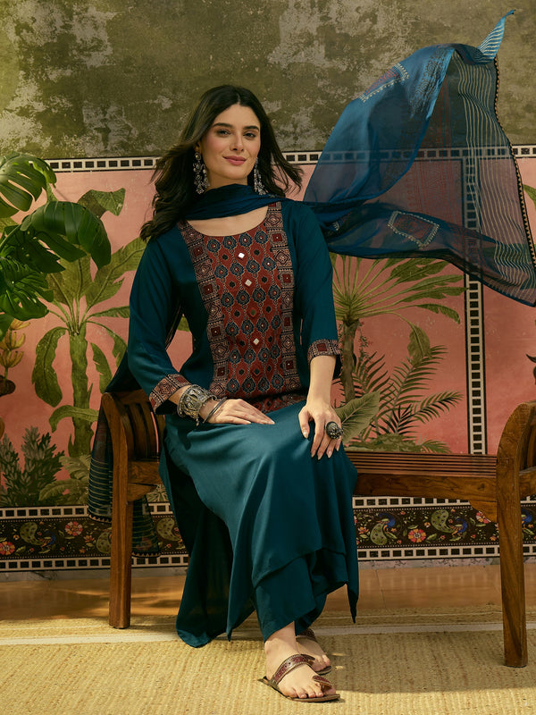 Stylum Women's Navy Solid Rayon A-Line Kurta Palazzo Dupatta Set (KPDNAVYKORAM)