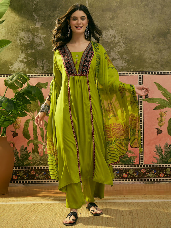 Stylum Women's Olive Solid Rayon A-Line Kurta Palazzo Dupatta Set (KPDOLIVEOMNI)