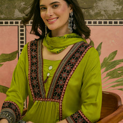Stylum Women's Olive Solid Rayon A-Line Kurta Palazzo Dupatta Set (KPDOLIVEOMNI)