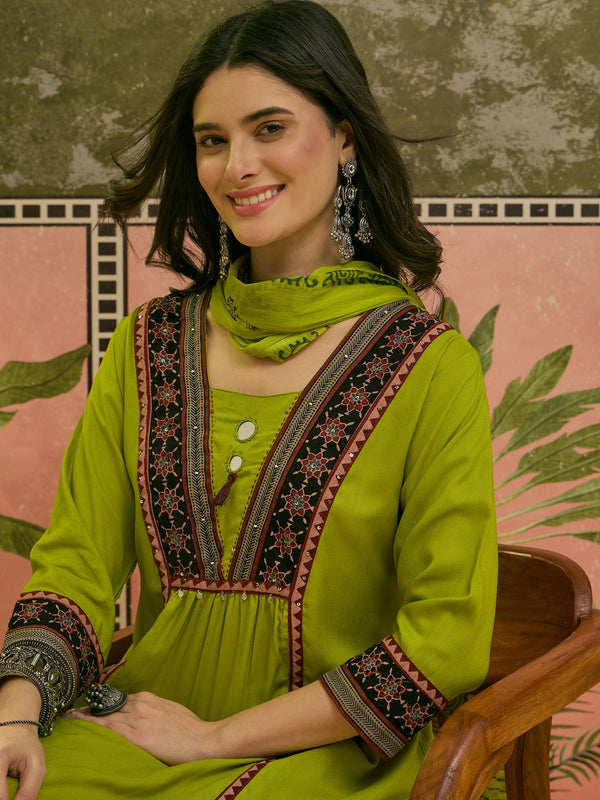 Stylum Women's Olive Solid Rayon A-Line Kurta Palazzo Dupatta Set (KPDOLIVEOMNI)