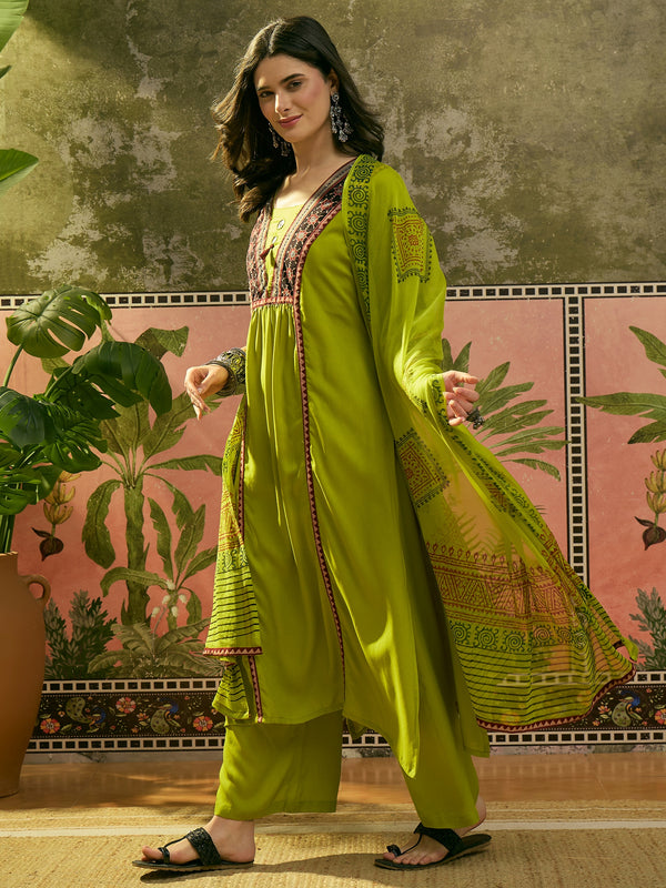 Stylum Women's Olive Solid Rayon A-Line Kurta Palazzo Dupatta Set (KPDOLIVEOMNI)