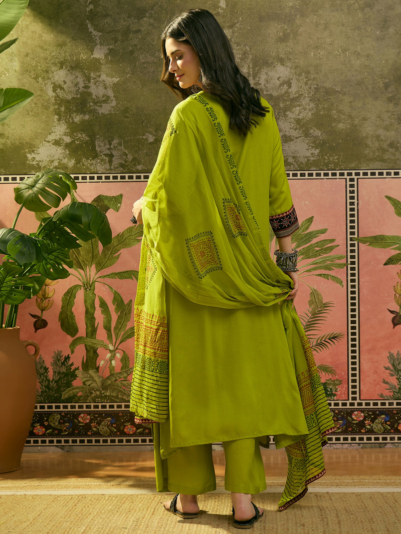 Stylum Women's Olive Solid Rayon A-Line Kurta Palazzo Dupatta Set (KPDOLIVEOMNI)