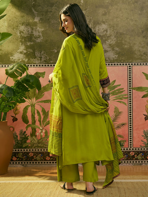 Stylum Women's Olive Solid Rayon A-Line Kurta Palazzo Dupatta Set (KPDOLIVEOMNI)