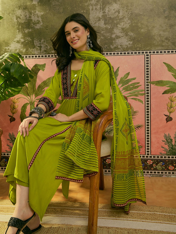 Stylum Women's Olive Solid Rayon A-Line Kurta Palazzo Dupatta Set (KPDOLIVEOMNI)