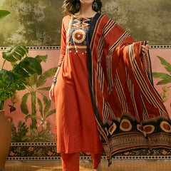 Stylum Women's Orange Solid Cotton Straight Kurta Pant Dupatta Set (KPDORANGERAWAL)