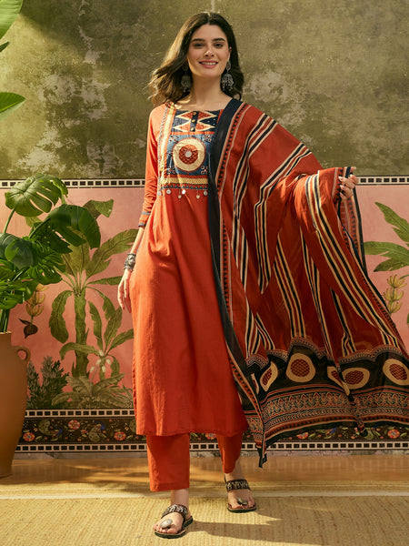 Stylum Women's Orange Solid Cotton Straight Kurta Pant Dupatta Set (KPDORANGERAWAL)