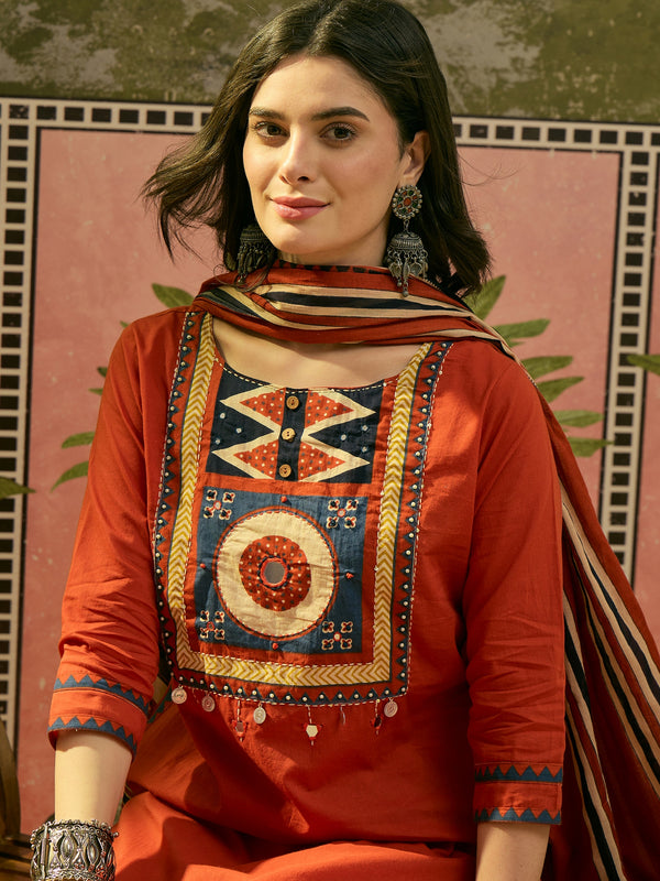 Stylum Women's Orange Solid Cotton Straight Kurta Pant Dupatta Set (KPDORANGERAWAL)