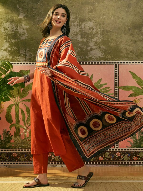 Stylum Women's Orange Solid Cotton Straight Kurta Pant Dupatta Set (KPDORANGERAWAL)