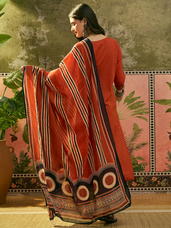 Stylum Women's Orange Solid Cotton Straight Kurta Pant Dupatta Set (KPDORANGERAWAL)