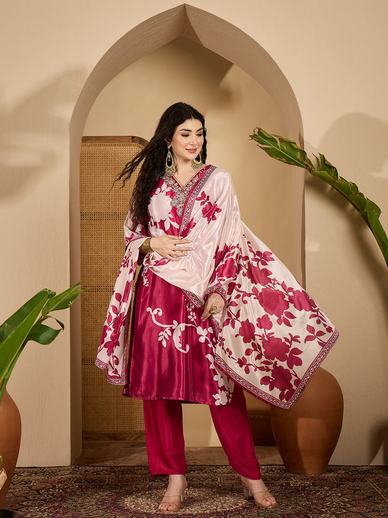 Stylum Women's Pink Floral Printed & Embroidered Chinon Straight Kurta Pant Dupatta Set (KPDPINKAPPLE)