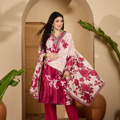 Stylum Women's Pink Floral Printed & Embroidered Chinon Straight Kurta Pant Dupatta Set (KPDPINKAPPLE)