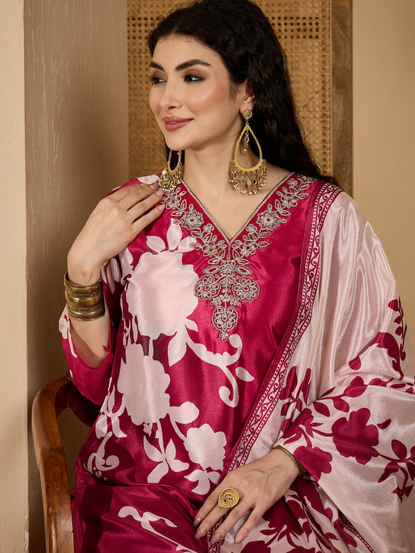 Stylum Women's Pink Floral Printed & Embroidered Chinon Straight Kurta Pant Dupatta Set (KPDPINKAPPLE)