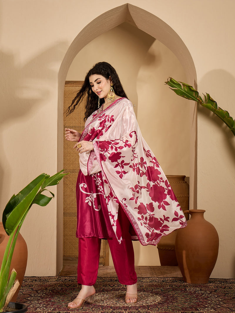 Stylum Women's Pink Floral Printed & Embroidered Chinon Straight Kurta Pant Dupatta Set (KPDPINKAPPLE)