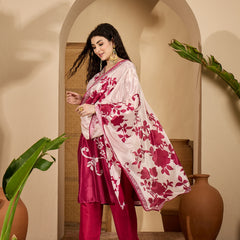 Stylum Women's Pink Floral Printed & Embroidered Chinon Straight Kurta Pant Dupatta Set (KPDPINKAPPLE)