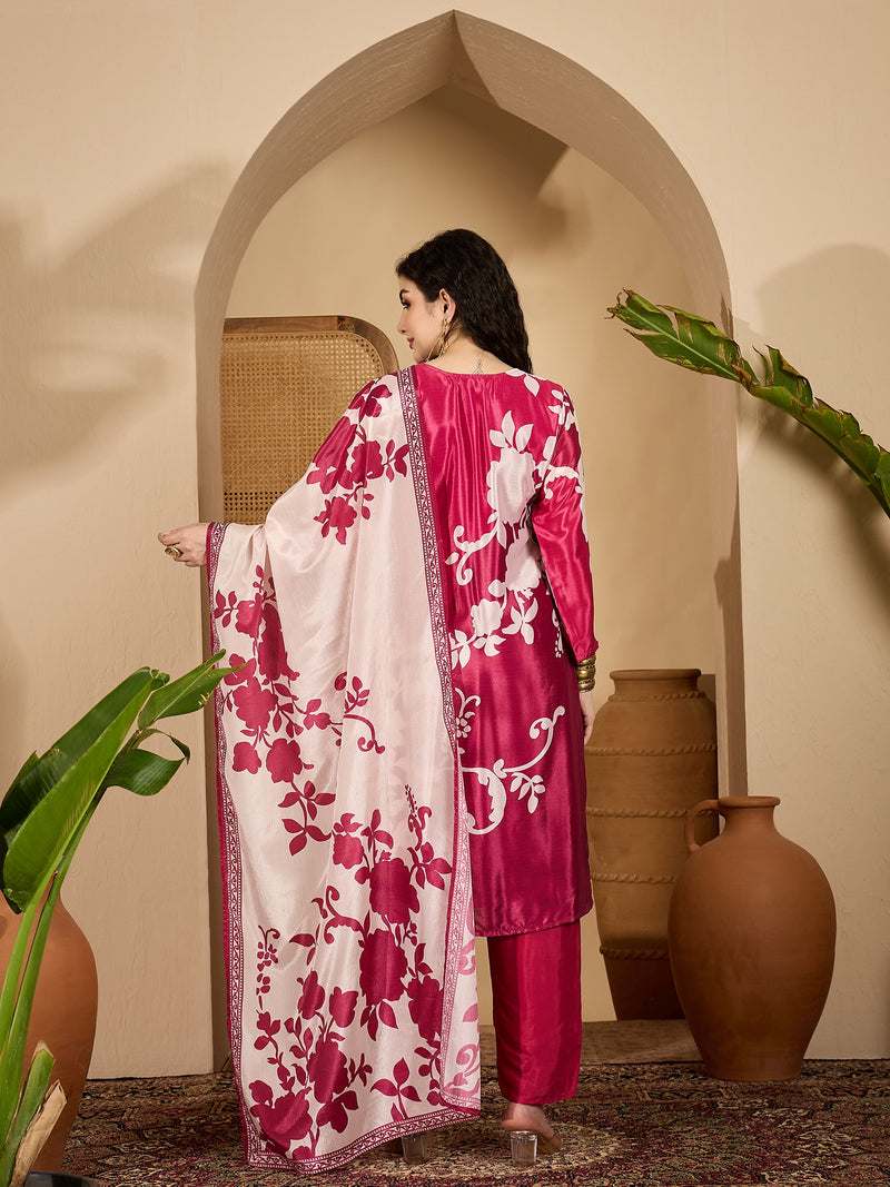 Stylum Women's Pink Floral Printed & Embroidered Chinon Straight Kurta Pant Dupatta Set (KPDPINKAPPLE)