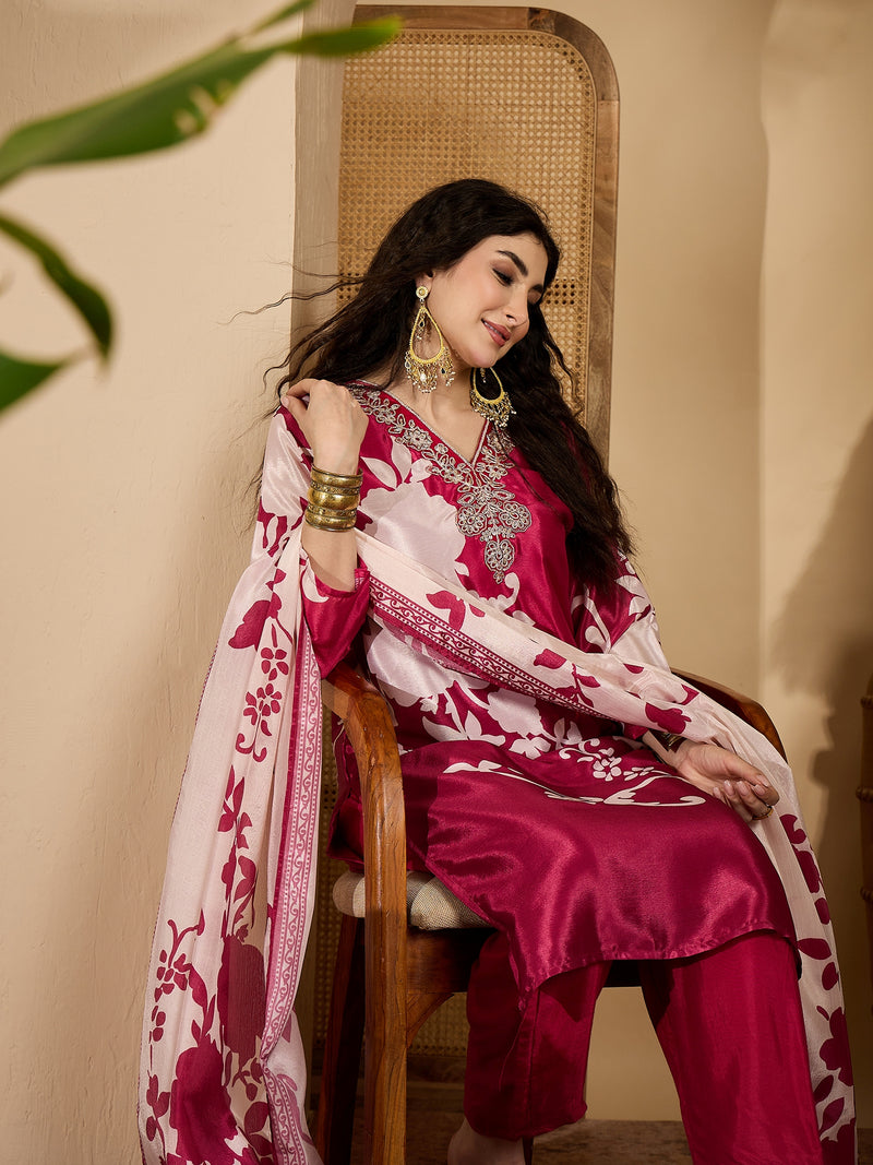 Stylum Women's Pink Floral Printed & Embroidered Chinon Straight Kurta Pant Dupatta Set (KPDPINKAPPLE)