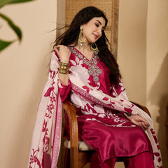 Stylum Women's Pink Floral Printed & Embroidered Chinon Straight Kurta Pant Dupatta Set (KPDPINKAPPLE)