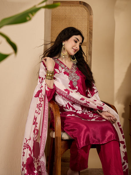 Stylum Women's Pink Floral Printed & Embroidered Chinon Straight Kurta Pant Dupatta Set (KPDPINKAPPLE)