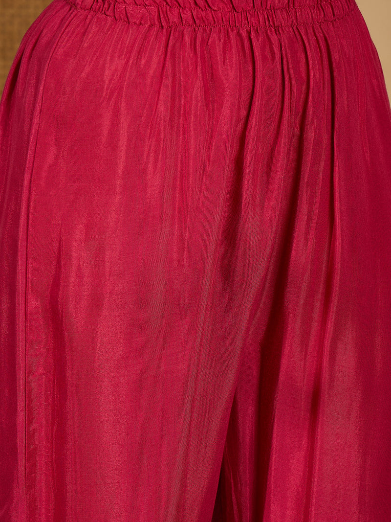 Stylum Women's Pink Floral Printed & Embroidered Chinon Straight Kurta Pant Dupatta Set (KPDPINKAPPLE)