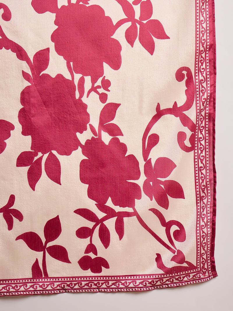 Stylum Women's Pink Floral Printed & Embroidered Chinon Straight Kurta Pant Dupatta Set (KPDPINKAPPLE)