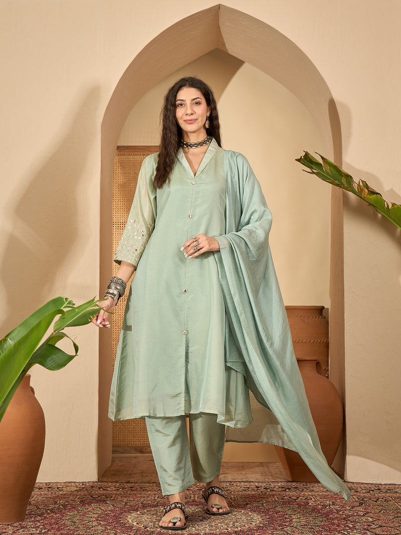 Stylum Women's Pista Solid Silk Blend A-Line Kurta Pant Dupatta Set (KPDPISTAMOHAK)