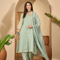 Stylum Women's Pista Solid Silk Blend A-Line Kurta Pant Dupatta Set (KPDPISTAMOHAK)