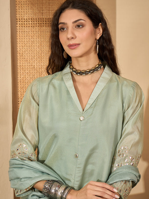 Stylum Women's Pista Solid Silk Blend A-Line Kurta Pant Dupatta Set (KPDPISTAMOHAK)