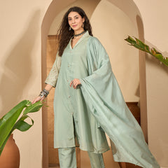 Stylum Women's Pista Solid Silk Blend A-Line Kurta Pant Dupatta Set (KPDPISTAMOHAK)