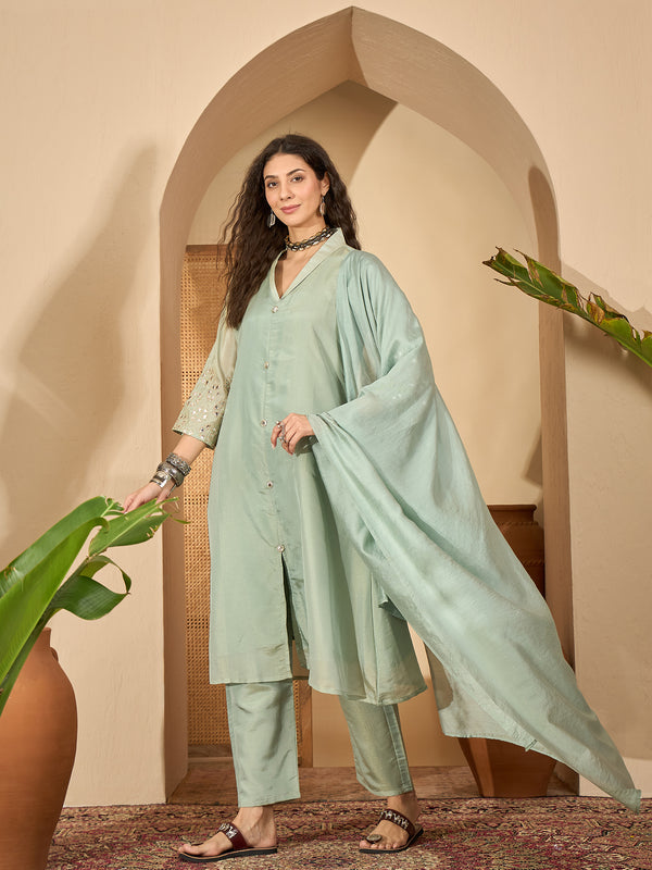 Stylum Women's Pista Solid Silk Blend A-Line Kurta Pant Dupatta Set (KPDPISTAMOHAK)