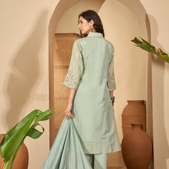 Stylum Women's Pista Solid Silk Blend A-Line Kurta Pant Dupatta Set (KPDPISTAMOHAK)