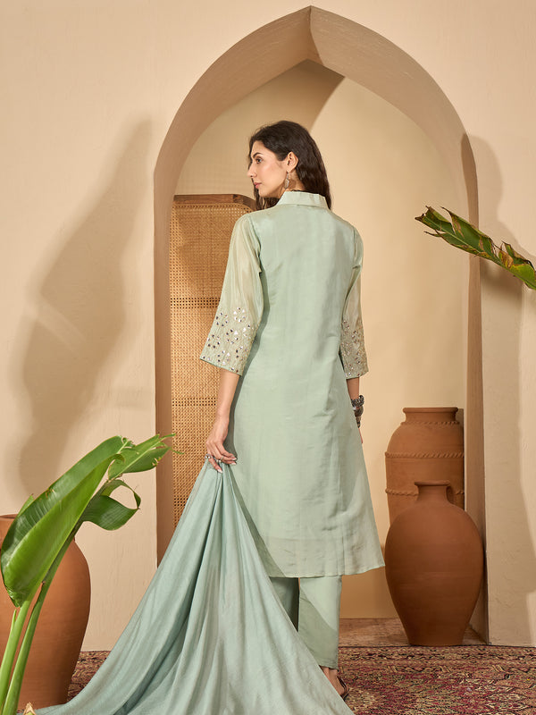 Stylum Women's Pista Solid Silk Blend A-Line Kurta Pant Dupatta Set (KPDPISTAMOHAK)