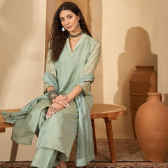 Stylum Women's Pista Solid Silk Blend A-Line Kurta Pant Dupatta Set (KPDPISTAMOHAK)