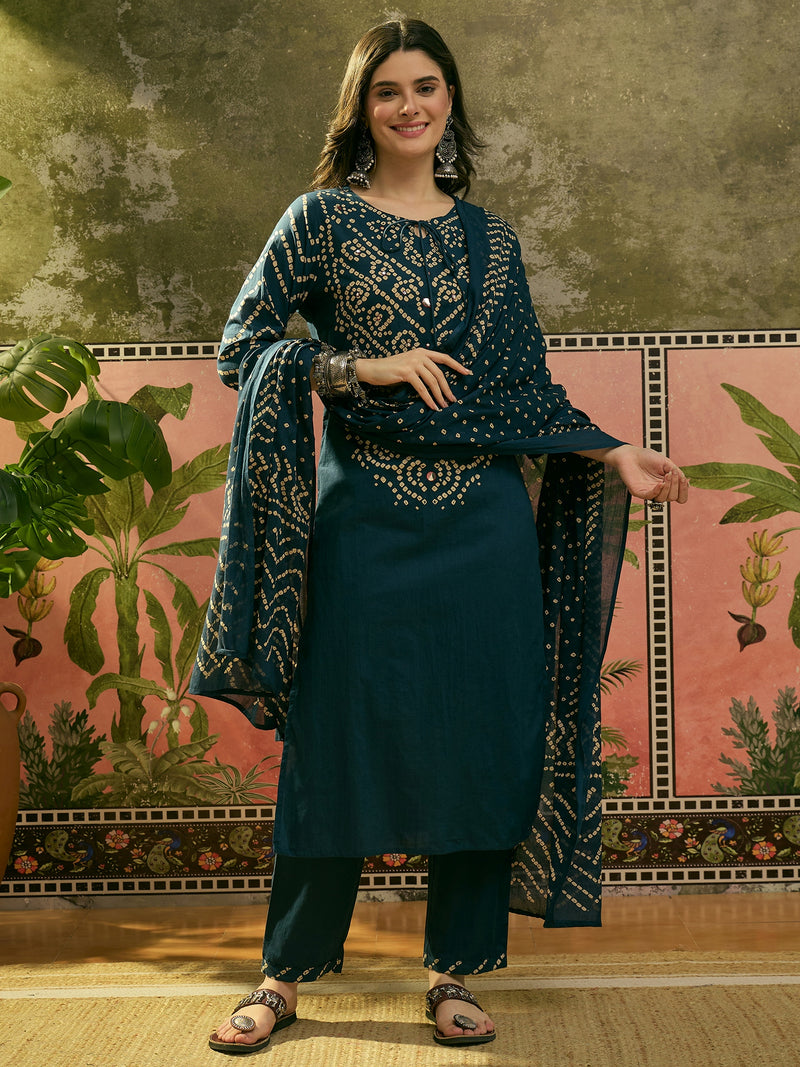 Stylum Women's Brown Bandhej Printed Cotton Straight Kurta Pant Dupatta Set (KPDBROWNBAZZI)
