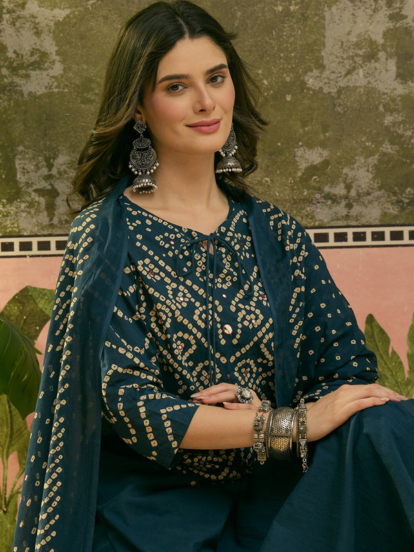 Stylum Women's Teal Bandhej Printed Cotton Straight Kurta Pant Dupatta Set (KPDTEALBAZZI)