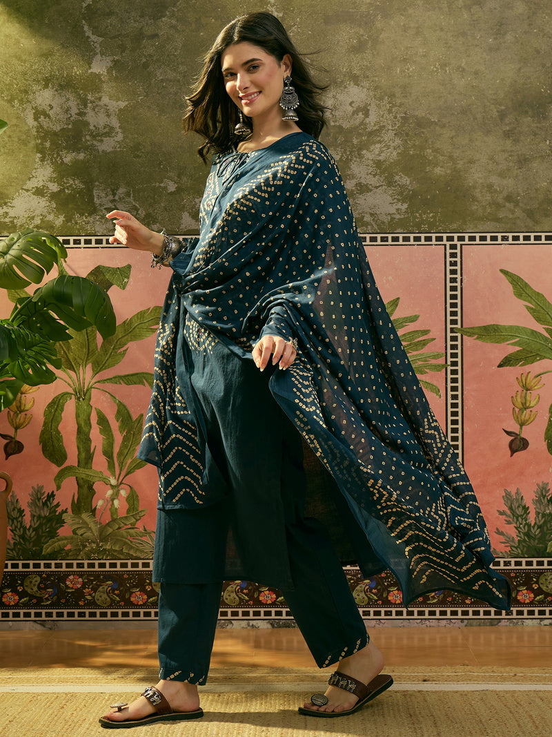 Stylum Women's Brown Bandhej Printed Cotton Straight Kurta Pant Dupatta Set (KPDBROWNBAZZI)