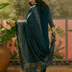 Stylum Women's Brown Bandhej Printed Cotton Straight Kurta Pant Dupatta Set (KPDBROWNBAZZI)