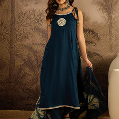 Stylum Women's Teal Solid & Embroidered Crepe A-Line Kurta Pant Dupatta Set (KPDTEALMILANI)